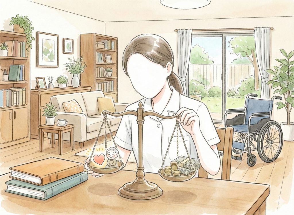 天秤を見比べる介護士