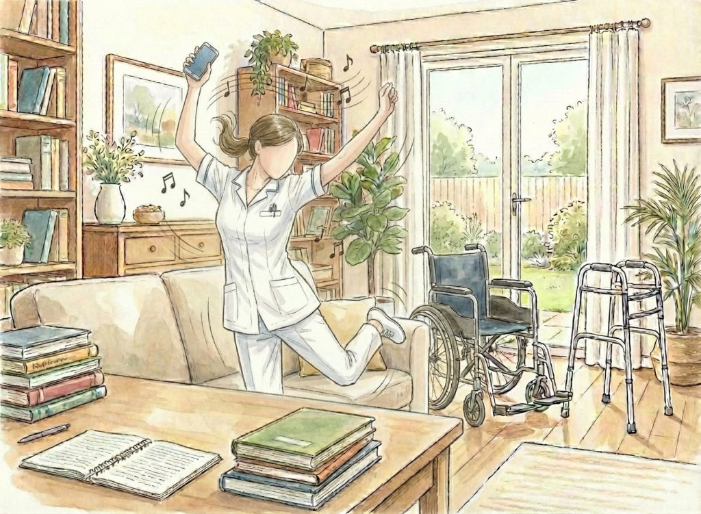 スマホを片手に踊る介護士