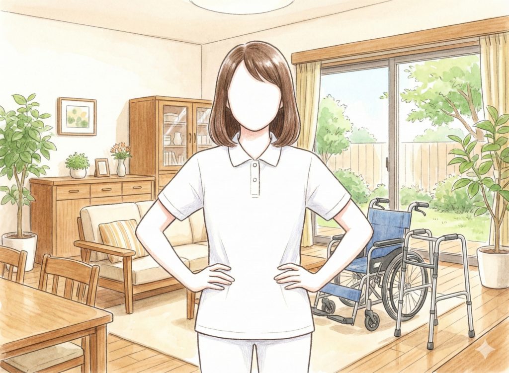 腰に手を当て満足げな介護士