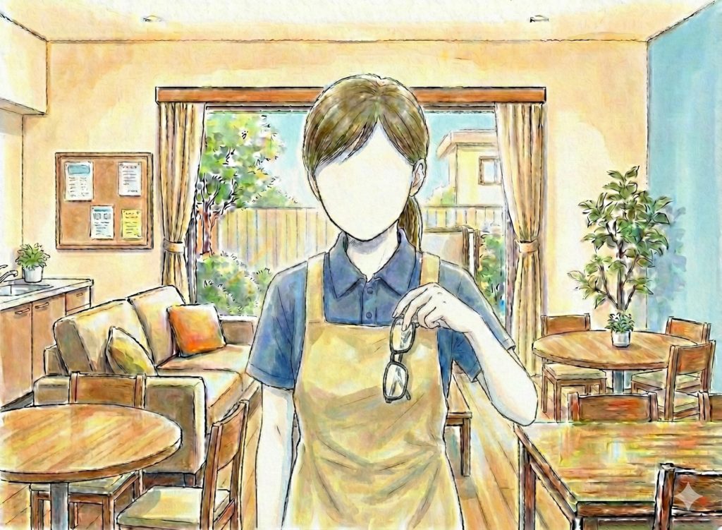 眼鏡をエプロンにかける介護士