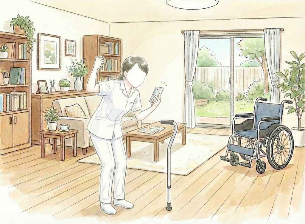 スマホ片手に喜ぶ介護士