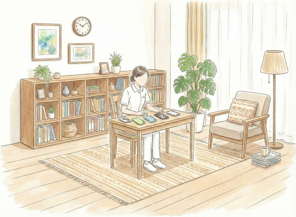 4つのスマホを見比べる介護士