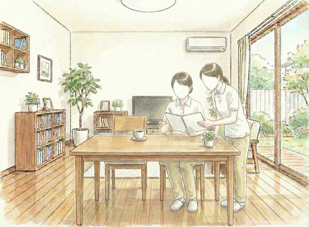 他の人にノートを見せる介護士