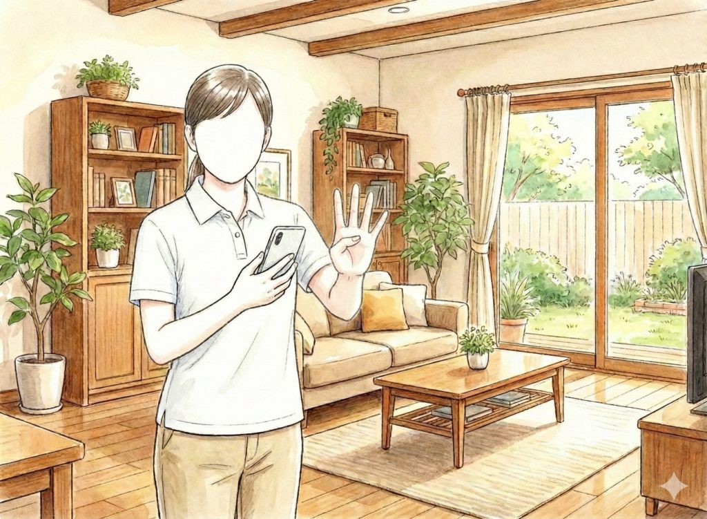 スマホを片手に指4本立てる介護士