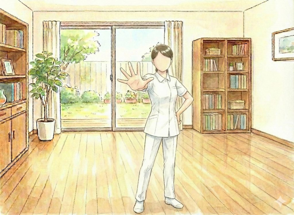 5本指を突き出す介護士