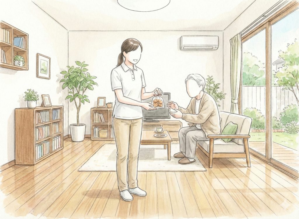 お菓子を手渡す介護士