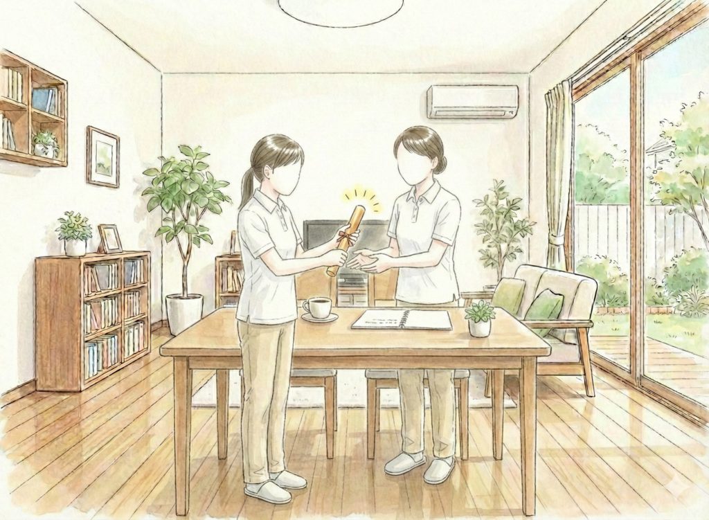 バトンを渡す介護士