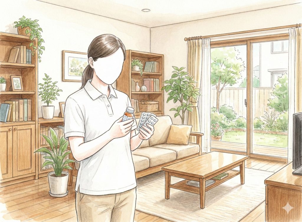 薬を見つめる介護士