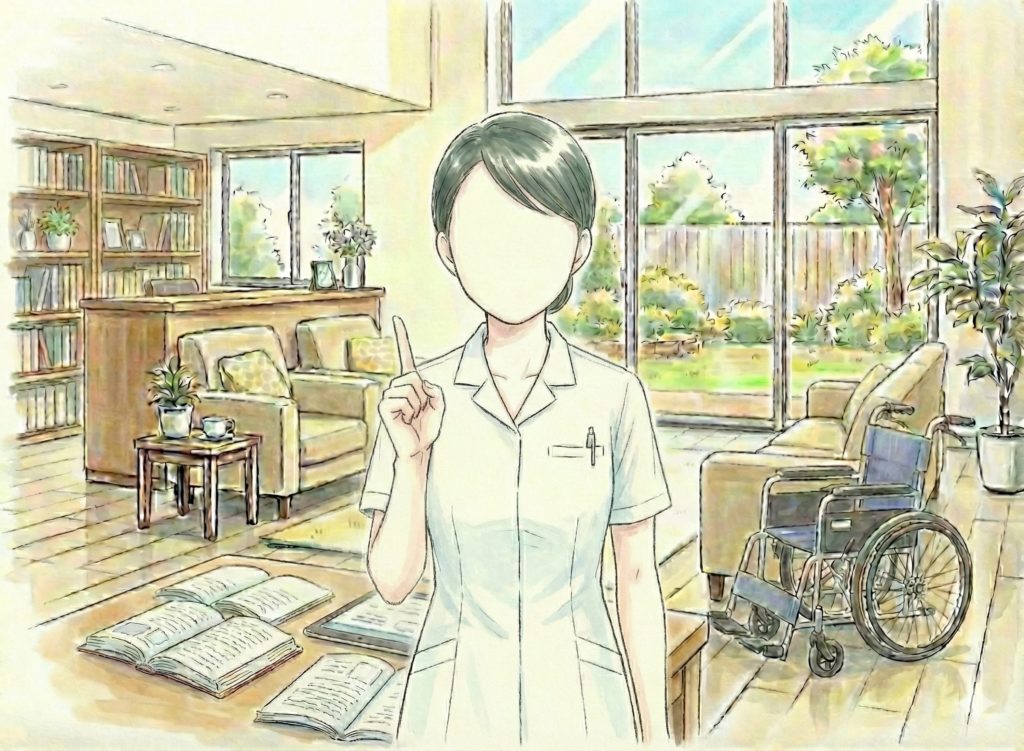 手で１を作る介護士