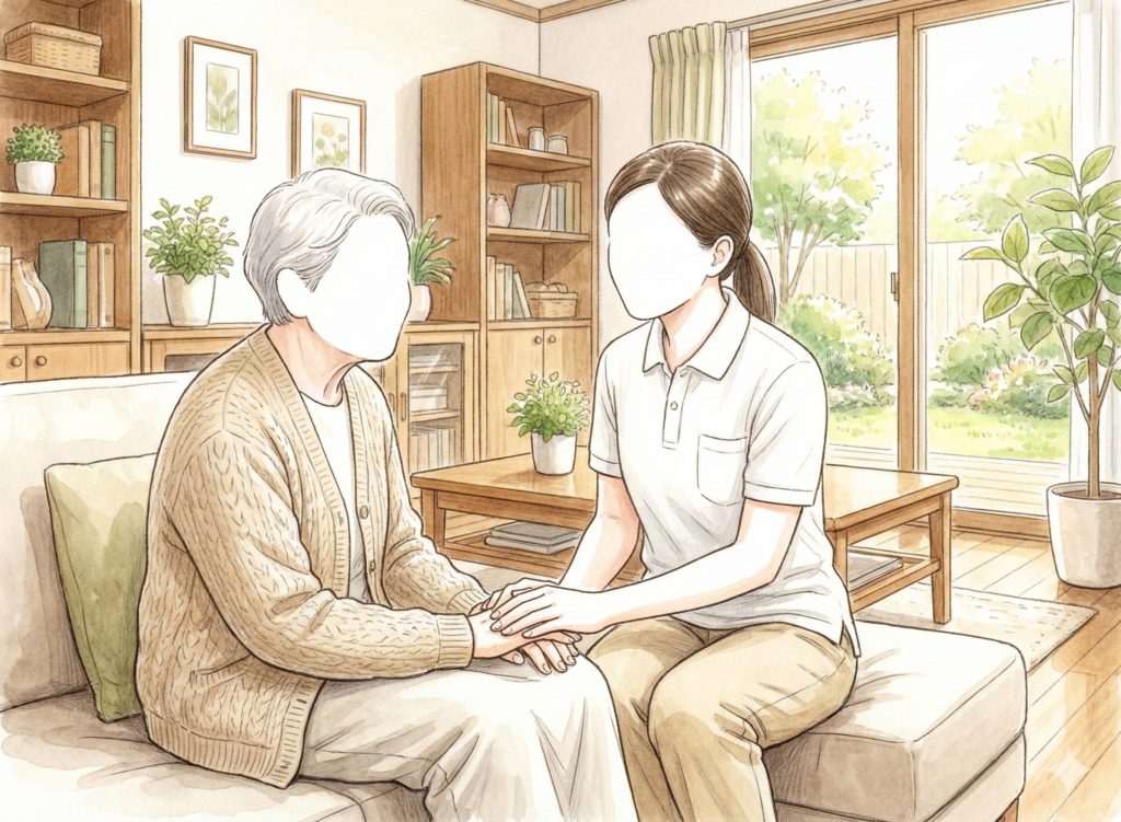 利用者の手を握る介護士