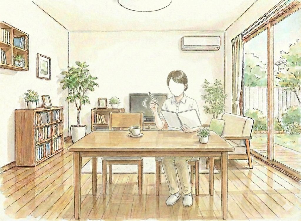 ノートを書きながらペンをくるくる回す介護士