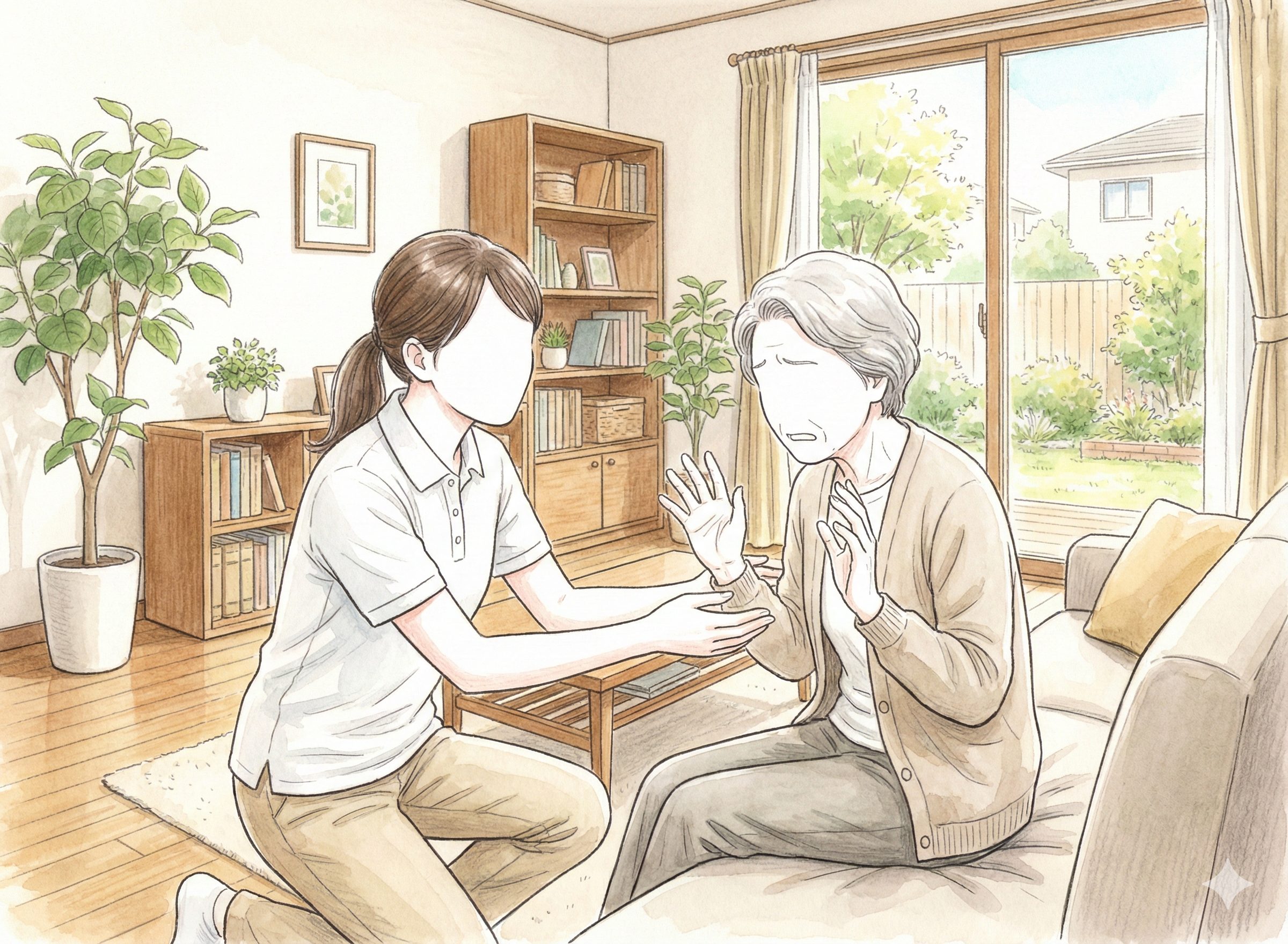 怒っている利用者を宥める介護士