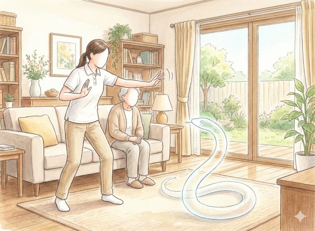 幻覚の蛇を追い払う介護士