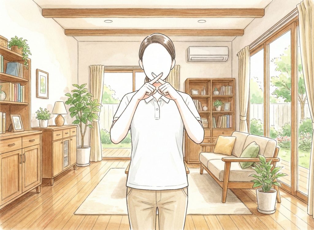 口元で❌を作る介護士