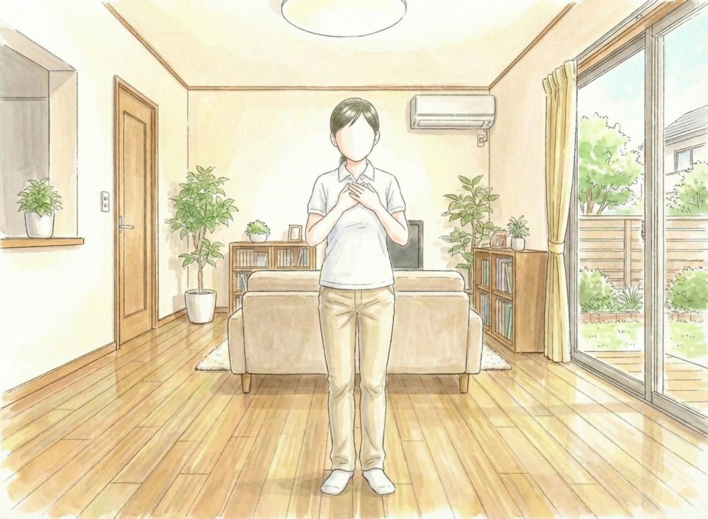 胸に手を当てる介護士