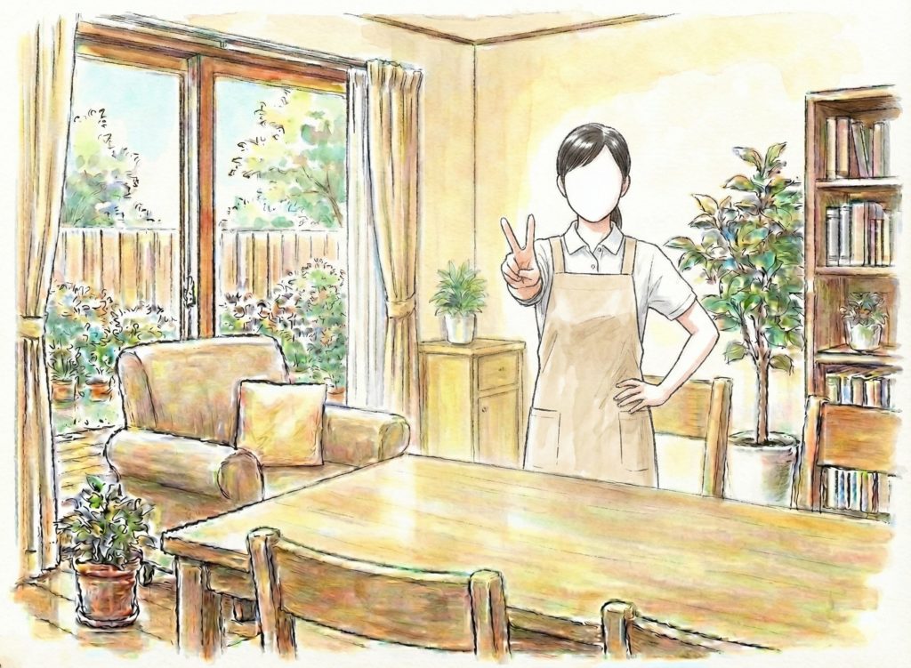 指を二本突き出す女性介護士