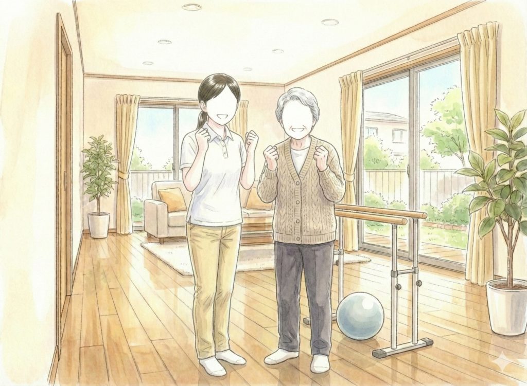 利用者とガッツポーズする介護士