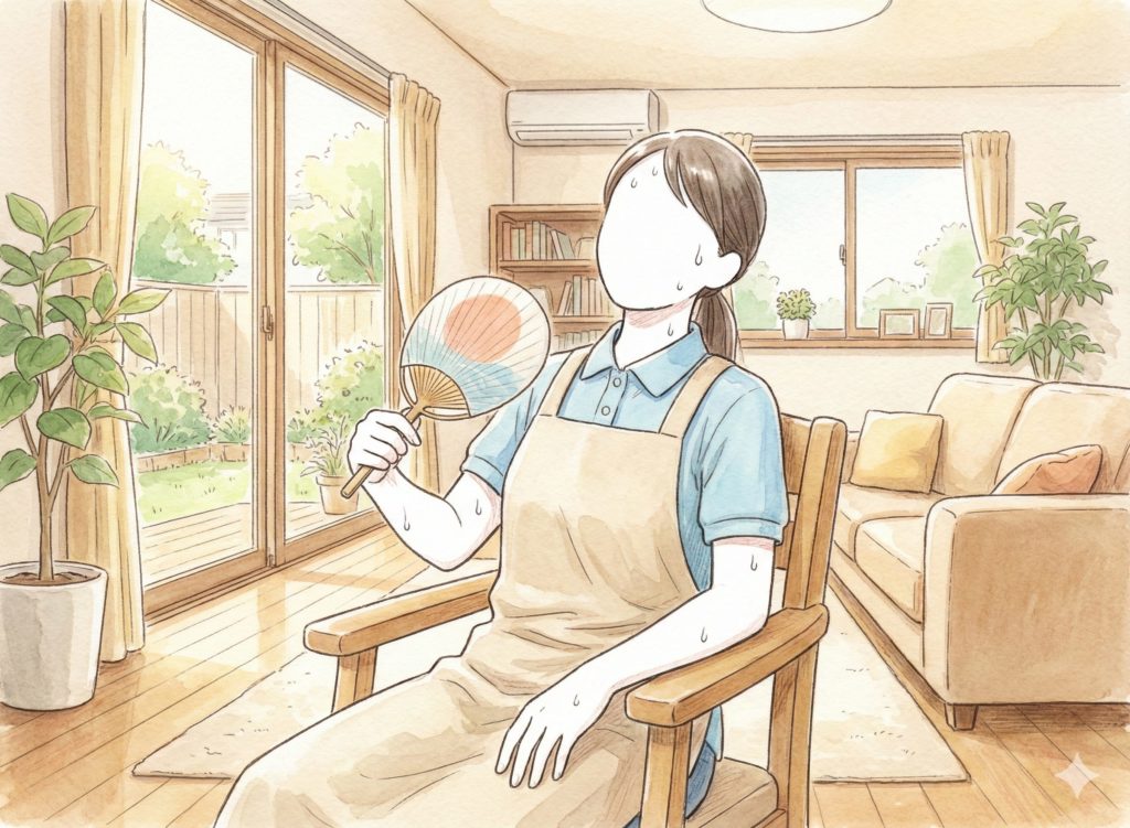 団扇で顔を仰ぐ介護士