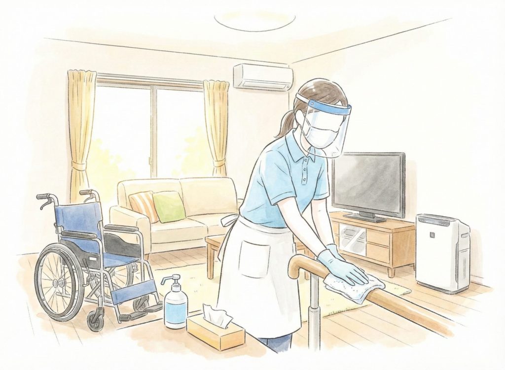 消毒する介護士