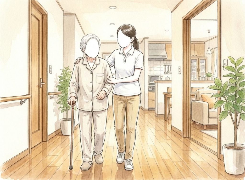 歩くのに付き添う介護士