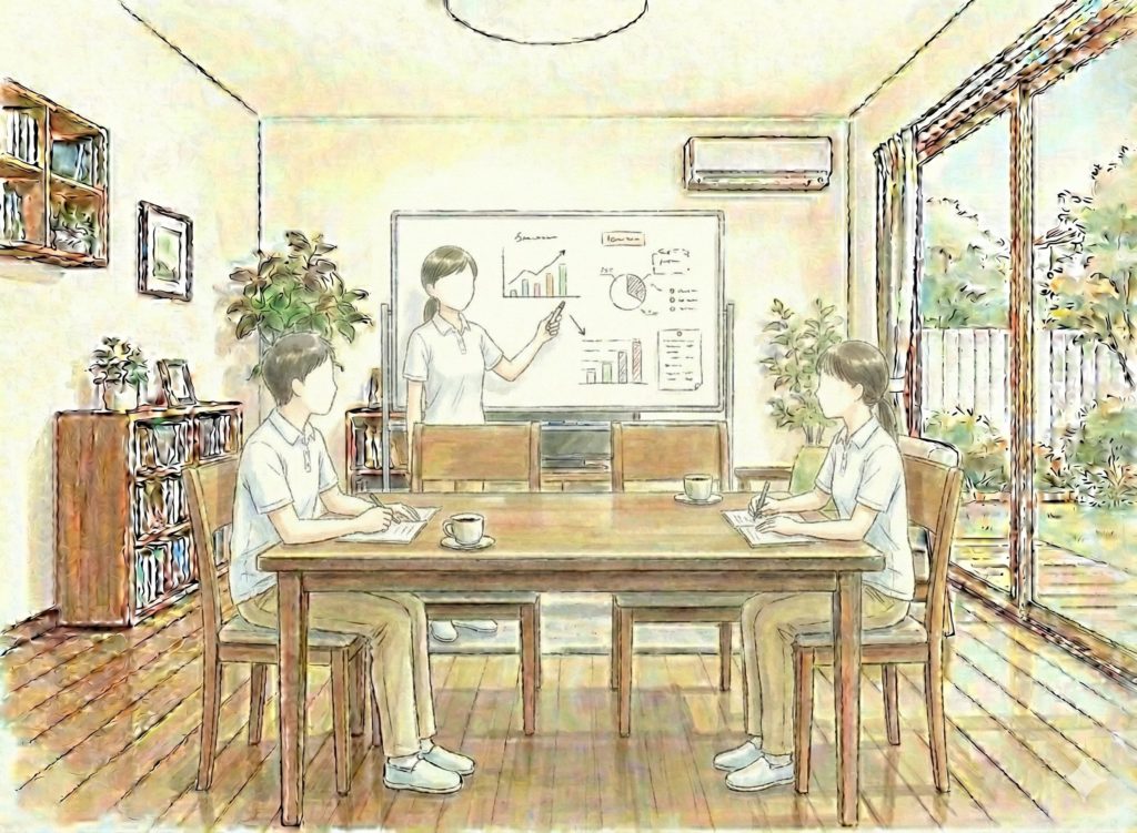 ホワイトボードを使って進行する介護士