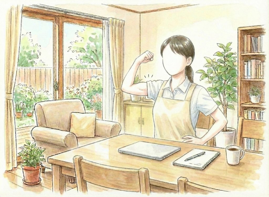 力こぶを披露する介護士