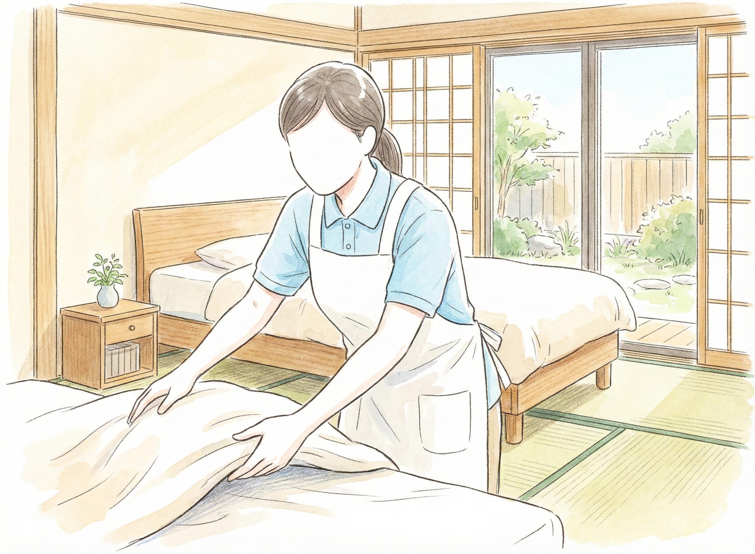 ベッドメイクする介護士
