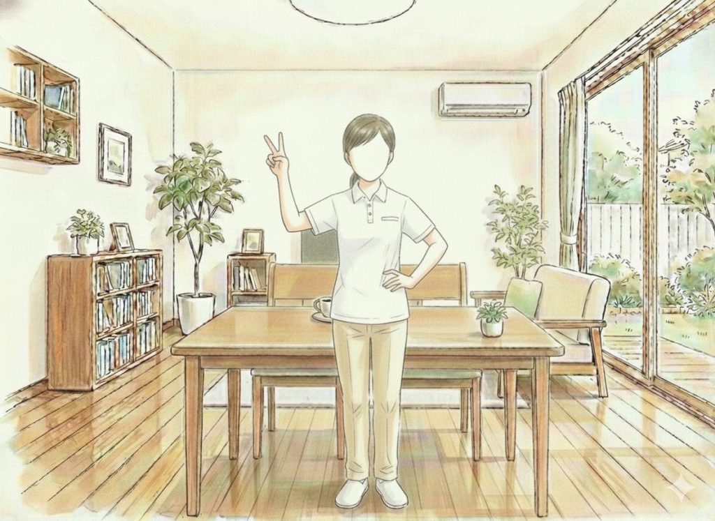 ピースする介護士