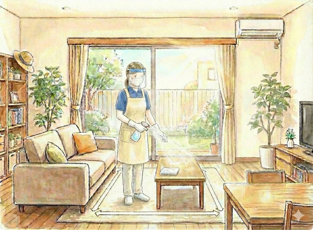 フェイスシールドとサージカルマスクを着用し消毒する介護士