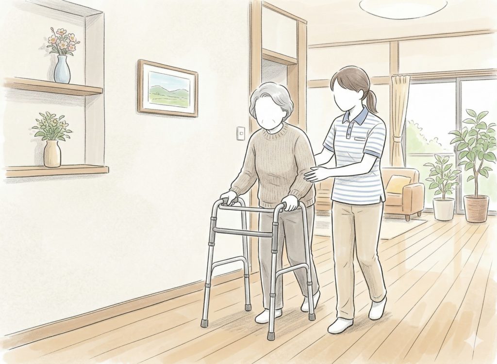 歩行器を使う利用者に付き添う介護士