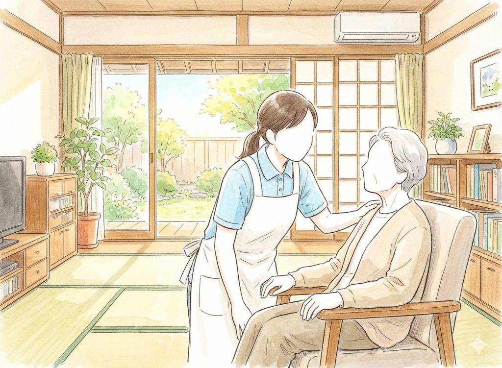 利用者の顔色を見る介護士