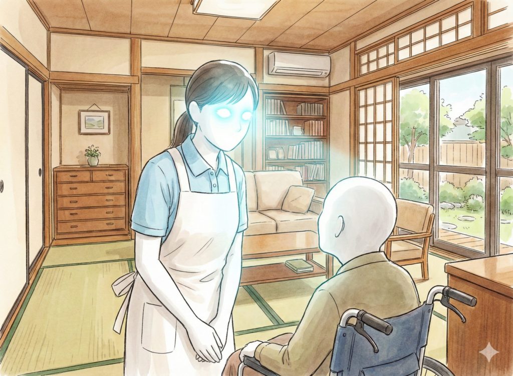 目を光らせる介護士