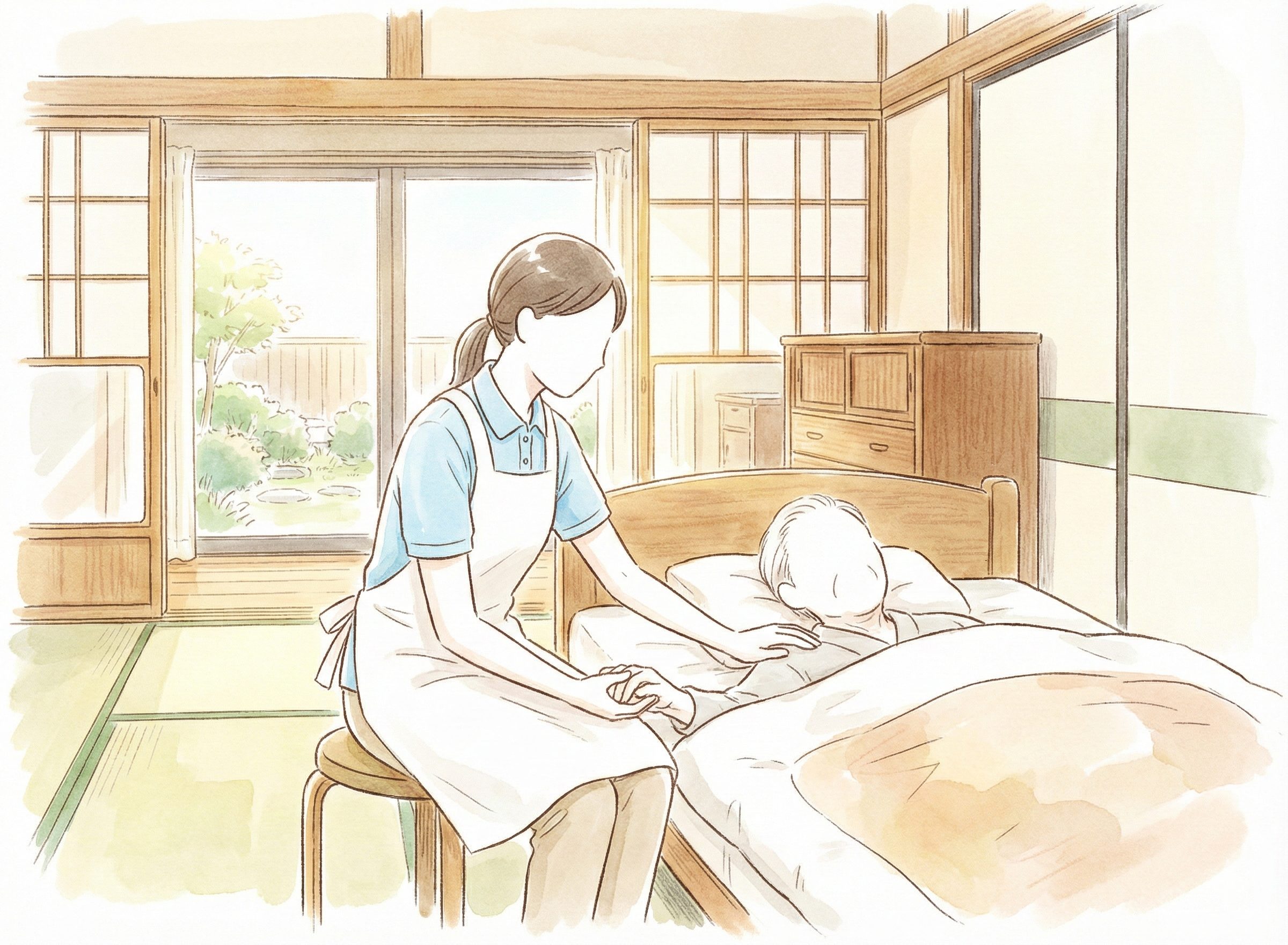 寝ている利用者に寄り添う介護士